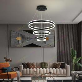 Lustra Led, Suspendata, Trei Cercuri, Neagra, 3 Nivele De Iluminat, Cu Telecomanda, Intensitate Reglabila 3000K/4000K/6500K, 208W