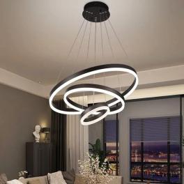 Lustra LED Circular Rings, suspendata, cu telecomanda, 144W, negru, cu trei tipuri de lumina