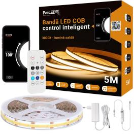 Kit banda LED COB, control inteligent, QR cod cu APP, sincronizare muzica si intensitate reglabila, 3000K