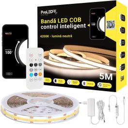 Kit banda LED COB 5M APP 4200K, control inteligent, QR cod, sincronizare muzica si intensitate reglabila