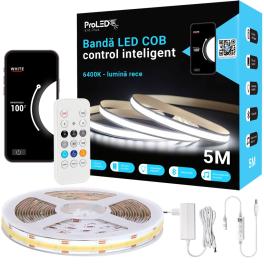 Kit banda LED COB 5M APP 6400K, control inteligent, QR cod, sincronizare muzica si intensitate reglabila