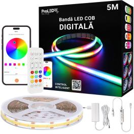 Kit banda Led COB Digitala, Smart control, QR cod cu APP, sincronizare muzica, intensitate si culori reglabile