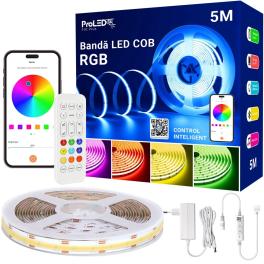 Kit banda Led 5M COB RGB, QR cod cu APP, sincronizare muzica, control inteligent