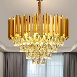 Candelabru Cristal K9 Golden Stick, dulie 9xE14, Auriu Suspendat, diametru 600mm