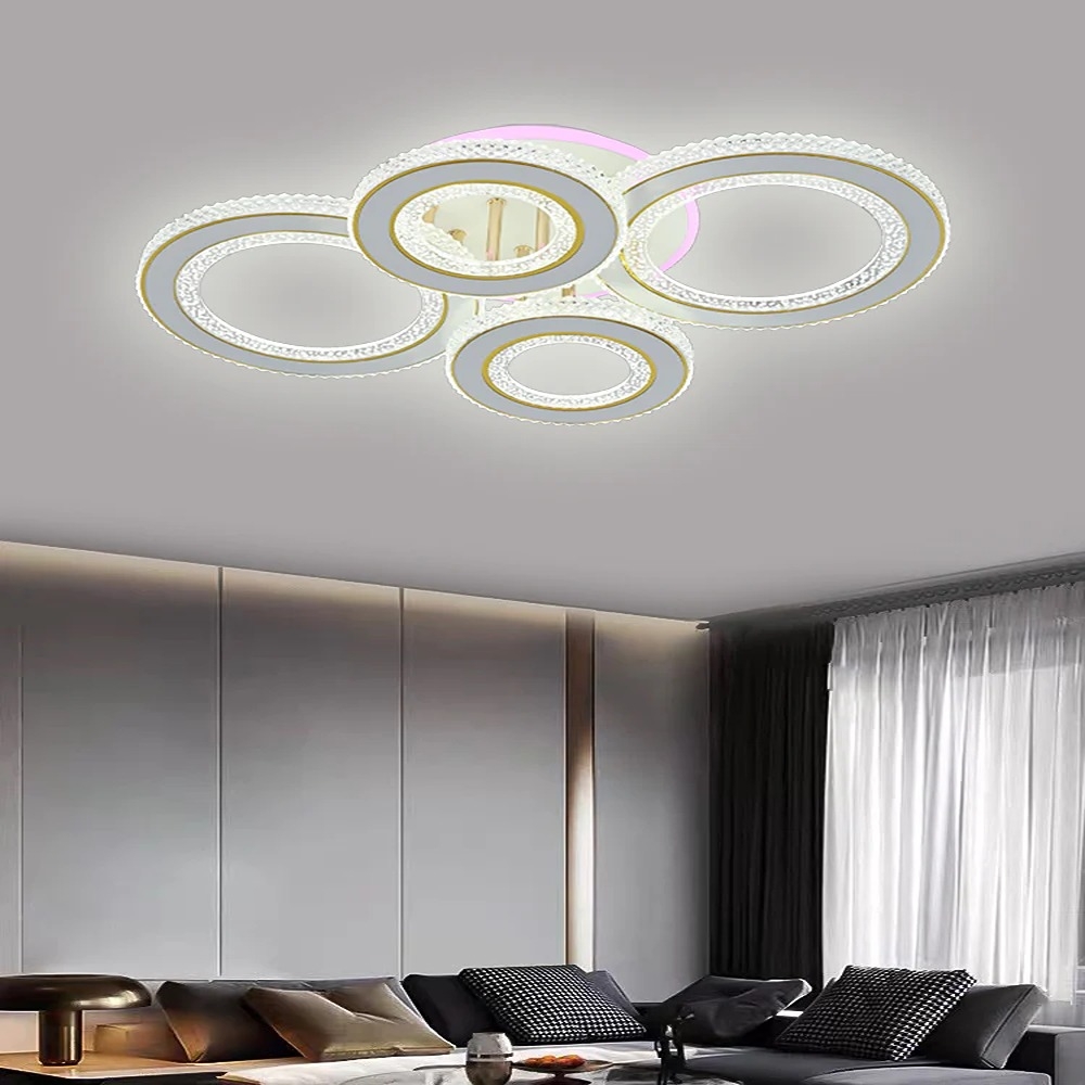 Lustra LED RGB, 4 Cercuri Cu Telecomanda, 3000K/4000K/6500K, 71W, Alb/Auriu